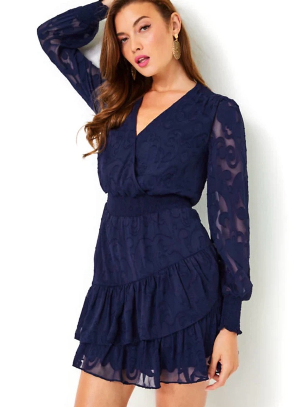 Lilly Pulitzer Navy Blue Long Sleeve Ruffle Mini Dress Sheer Sleeves XL